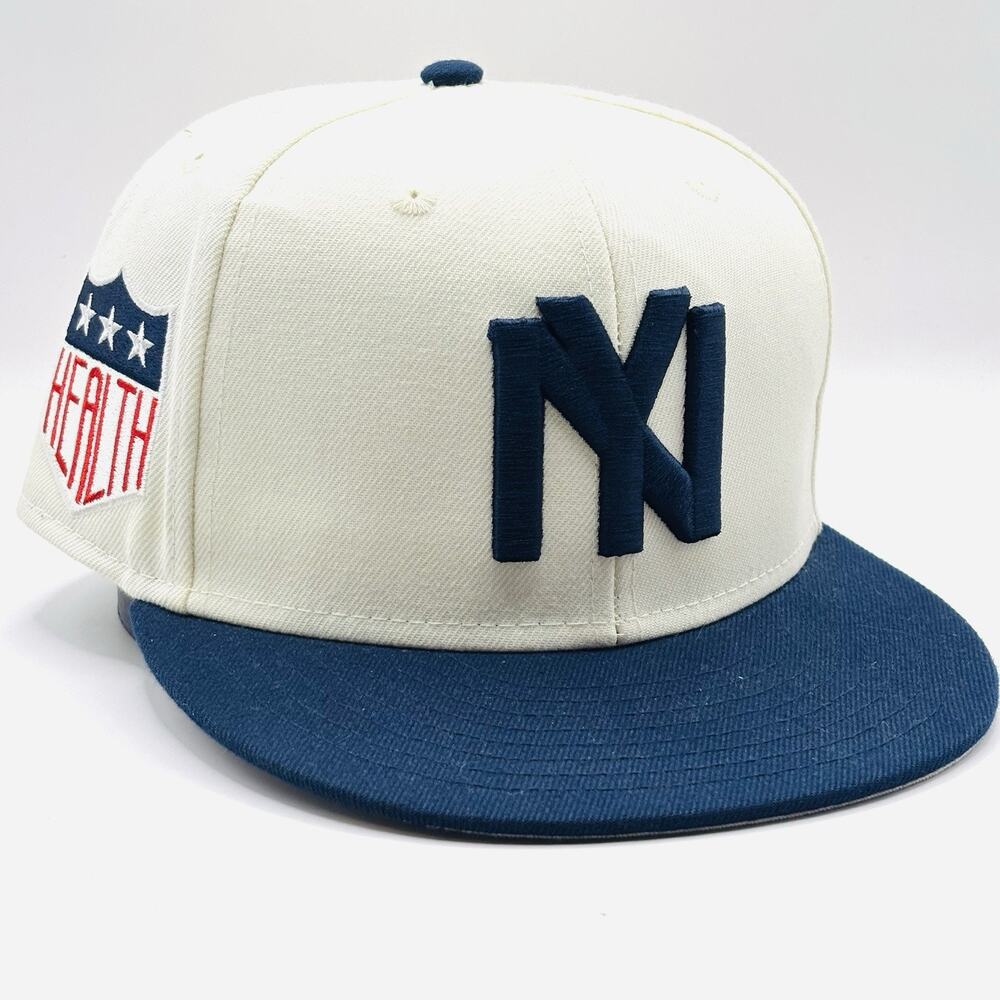 NEW YORK BLACK YANKEES RINGS & CRWNS CREAM/NAVY TEAM FITTED HAT 7 5/8